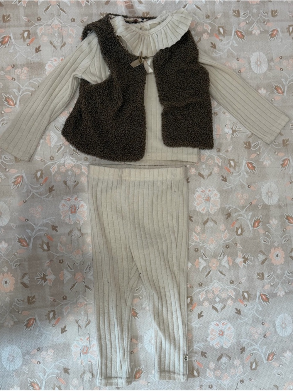 Ribbed Knit Top & Pants with Brown Sherpa Vest